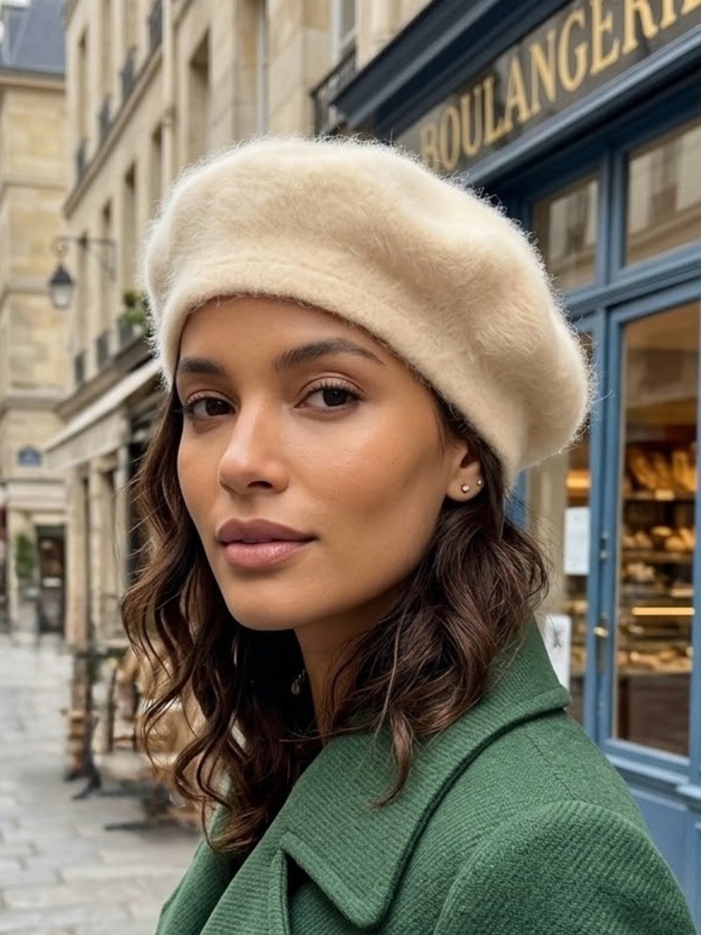 Vintage Cream Angora Wool Knit Beret Hat Fuzzy French Parisian Style